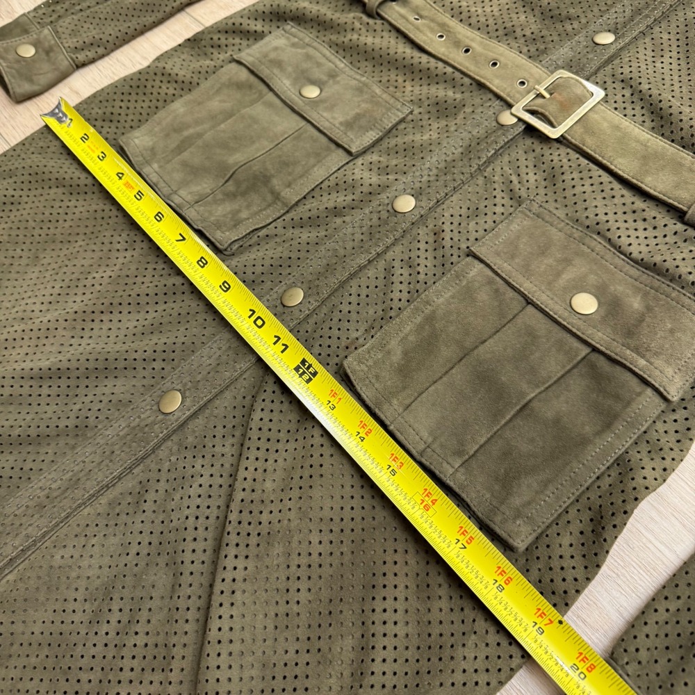 Haute Hippie Suede Leather Shirt Dress Olive Green Perforated Belted Utility - Picture 16 of 16